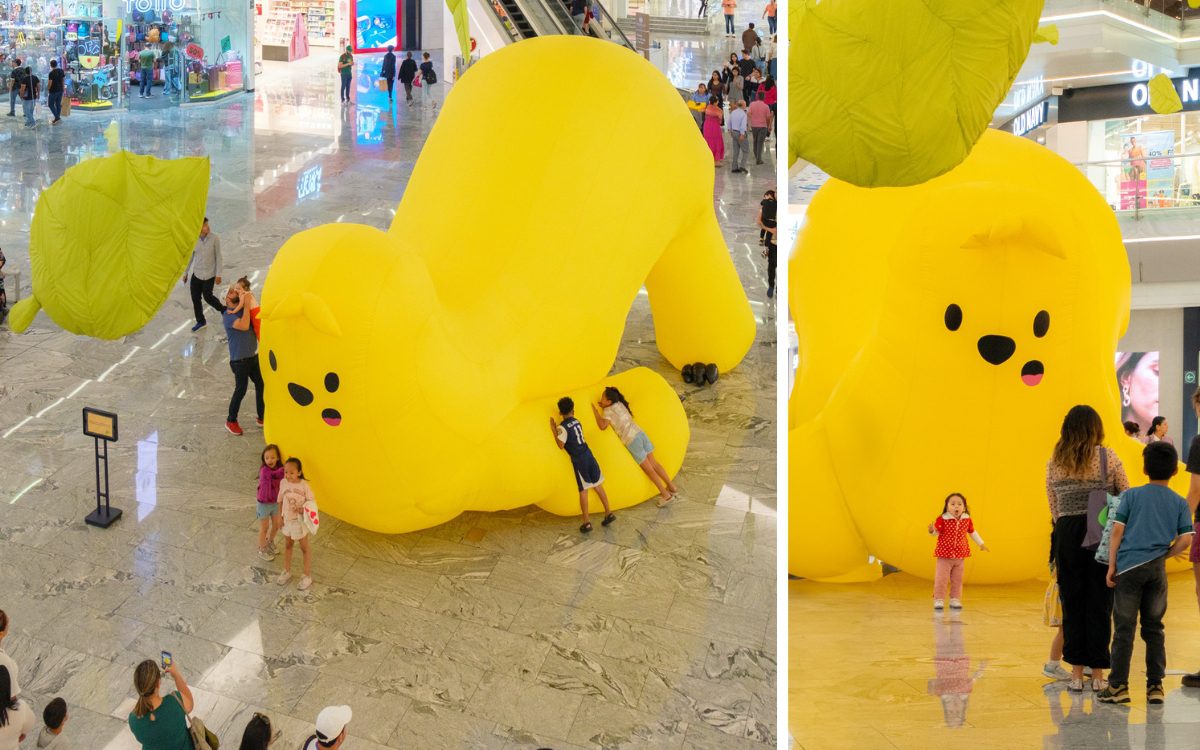 "Pepe, El Perezoso" By Fernando Parra - at Galerias MX, Mexico City LATAM - Creative Placemaking Activation Designed, Curated and Production Managed by MASSIVart - Large Yellow Inflatable Sloth in Retail Centre - Picture by Douglas Rivera