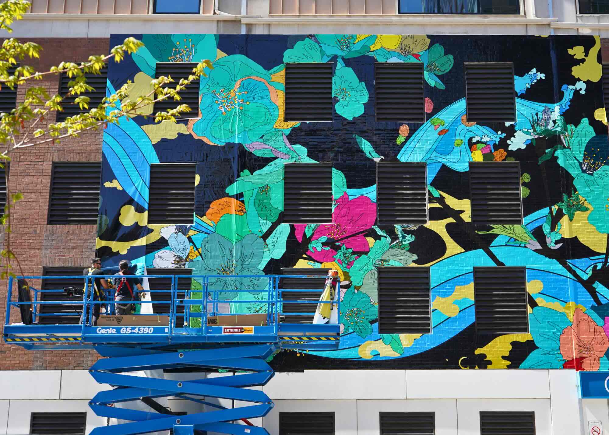 EEPMON's large vibrant floral mural painted on the side of a building in Ottawa. Project is part of MASSIVart's collaborates with Ottawa Art Gallery to Create Ottawa’s Arts Corridor