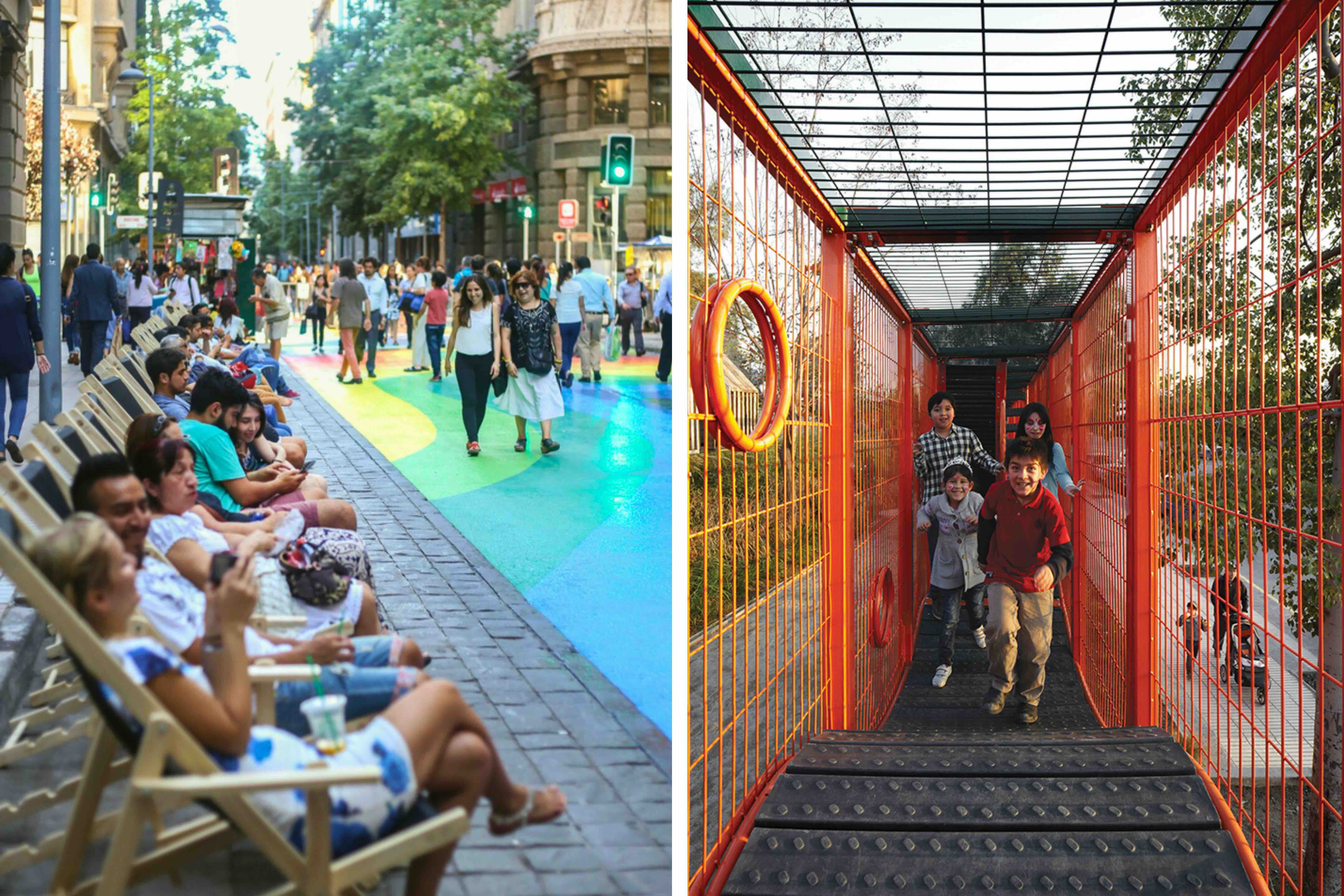 Children as Co-Creators of Urban Spaces: A Paradigm Shift in Latin America - MASSIVart - Left image: a group of people sitting in chairs on the side of the street along La Calle Bandera in Chile. - Right Image: A group of children playing on the orange walkway of a jungle gym  in Santiago, Chile