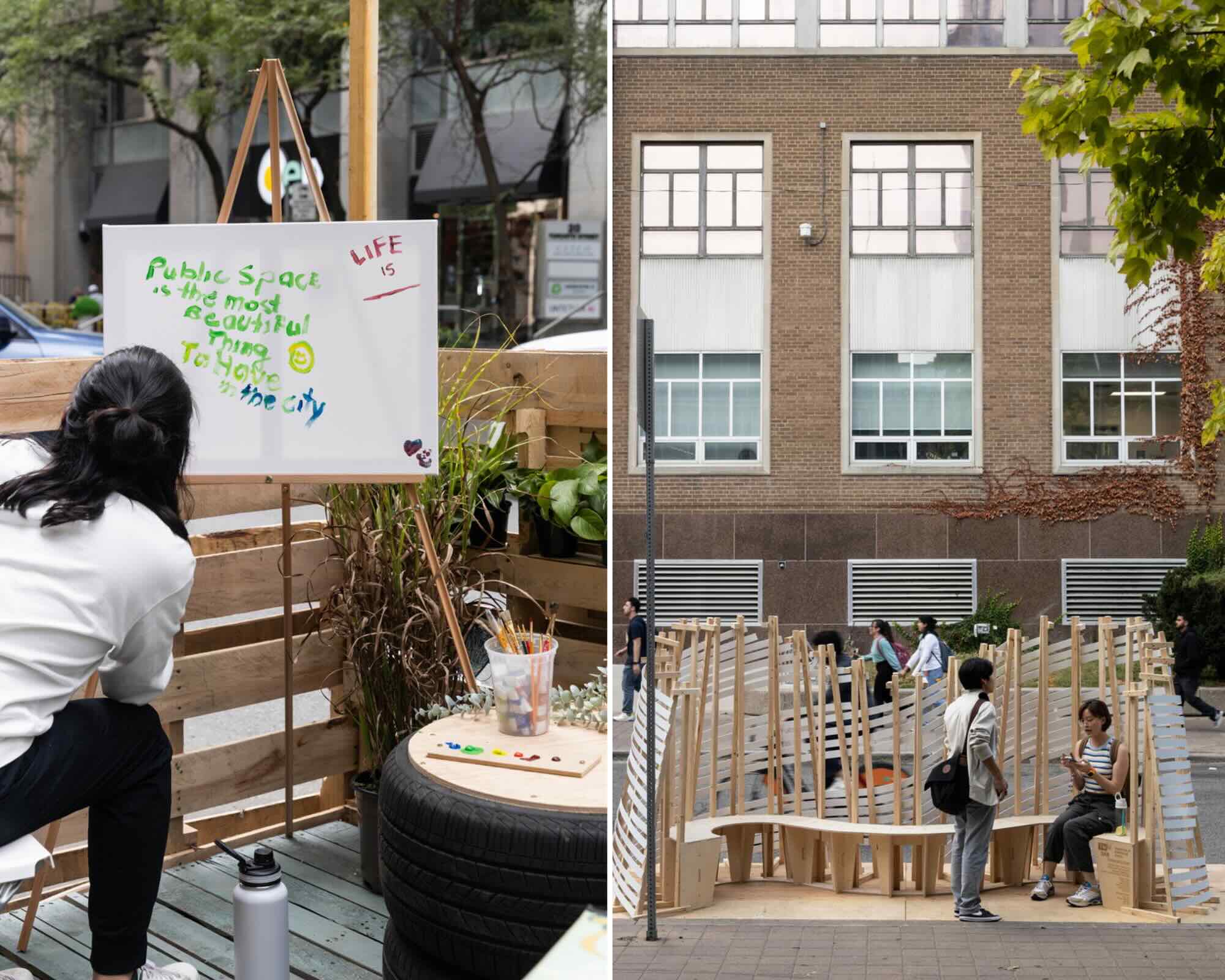 MASSIVart - Park(ing)Day2024 - Image by Bruno Belli- left: Someone writing on a whiteboard in front of a wooden table - right: a group of people sitting on benches in front of a building